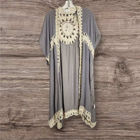 Rebellion Again crochet trim gray open front kimono / duster woman's size large - Picture 1 of 10